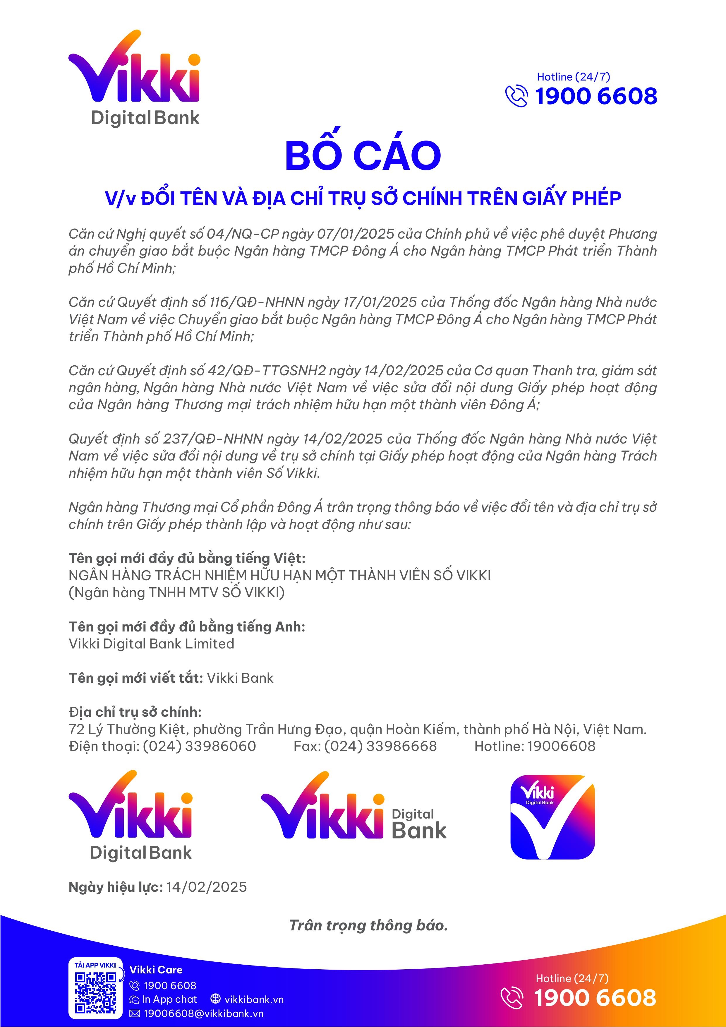 Bố cáo V/v đổi tên và địa chỉ trụ sở trên giấy phép của Ngân hàng Đông Á (DAB)